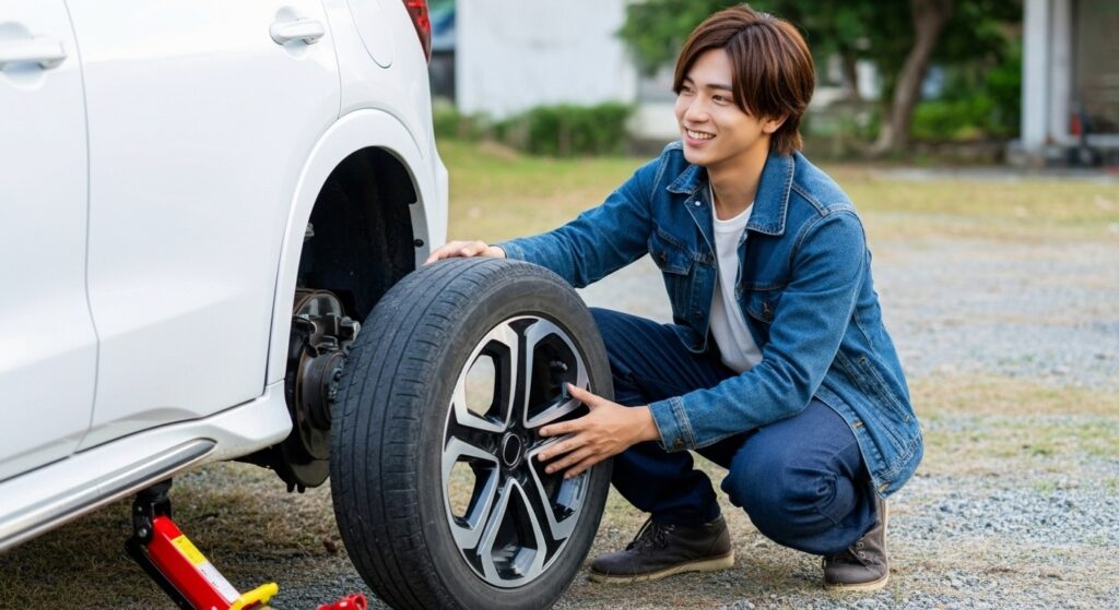 タイヤ交換をする男性