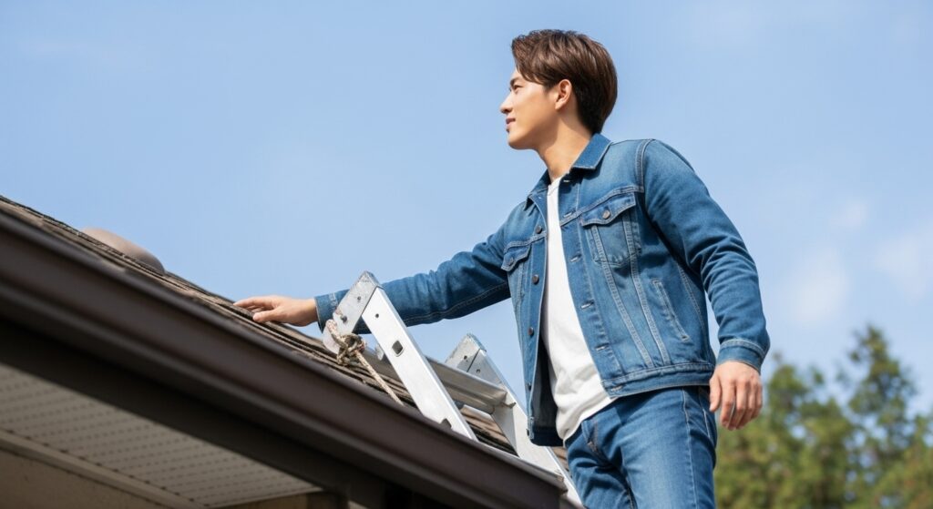 屋根に上がる男性