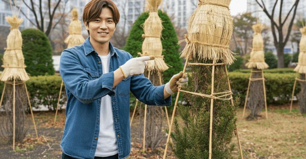 樹木の冬囲い　雪囲い