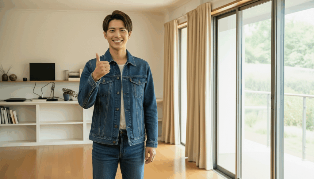 部屋にグッドサインの男性