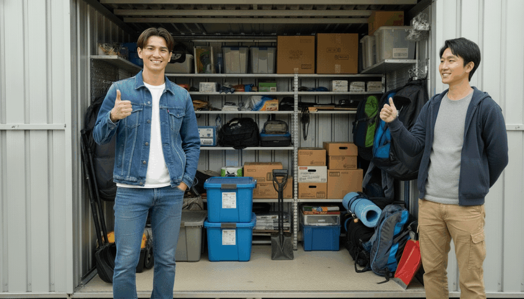 物置の前に男性２人