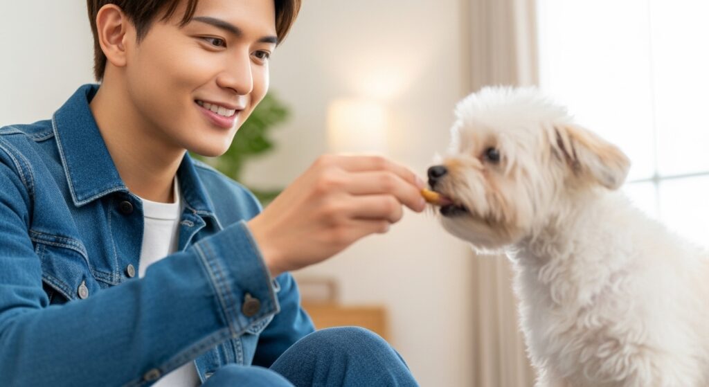 ペットに餌を与える男性