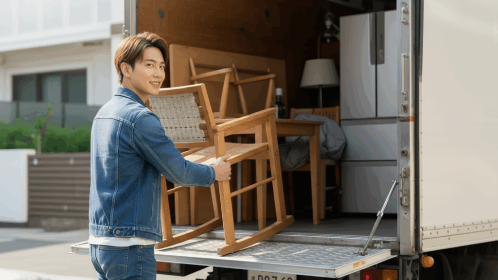 トラックに積み荷する男性