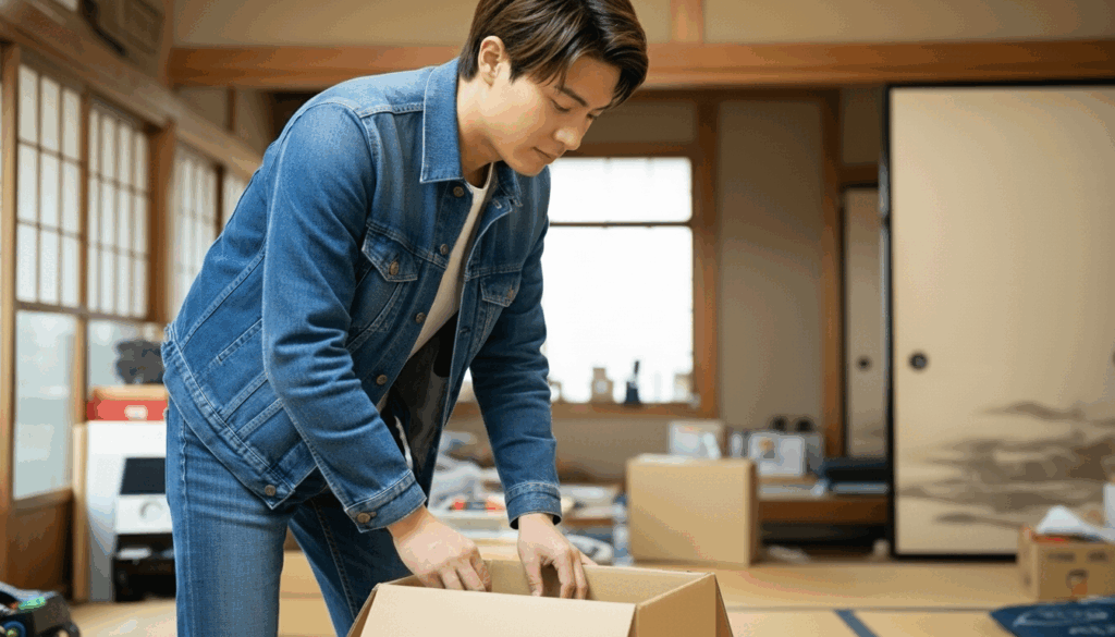 段ボールに箱詰めする男性