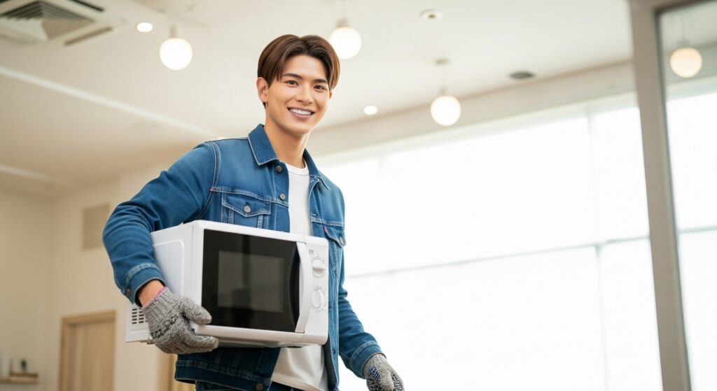 レンジを抱える男性