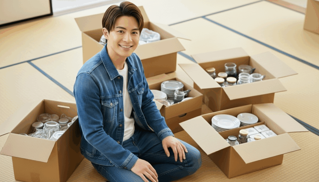 仕分けした段ボールの横で笑顔の男性