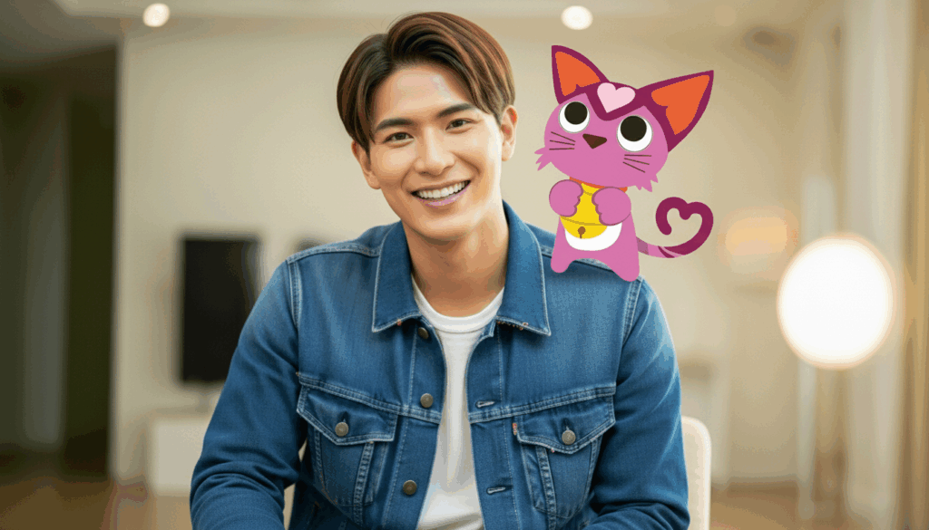 男性の肩にキャラクター