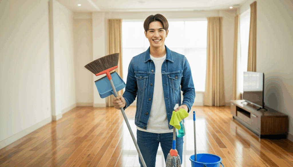 綺麗に掃除した部屋に立っている男性