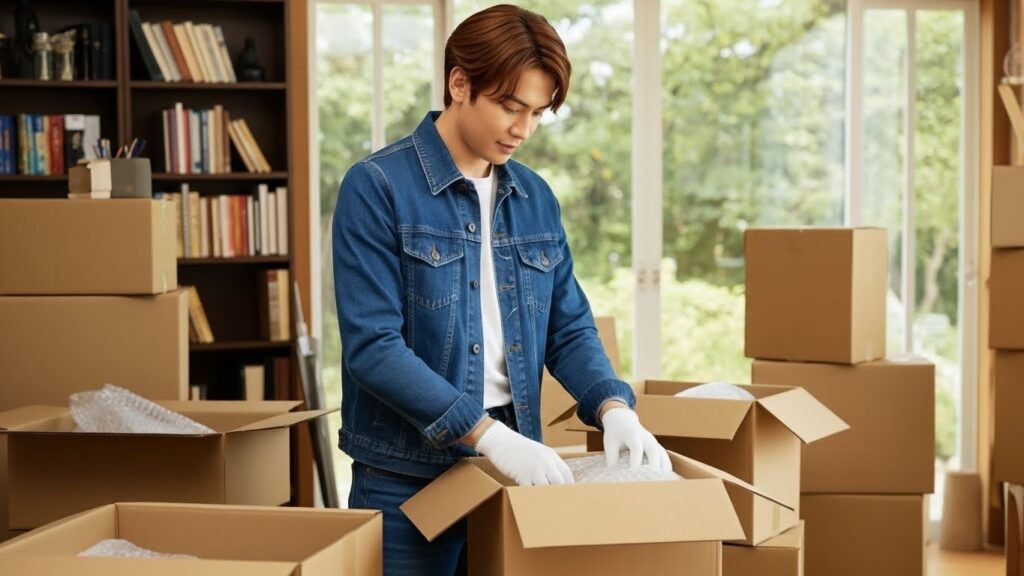 段ボールに荷物を詰める男性