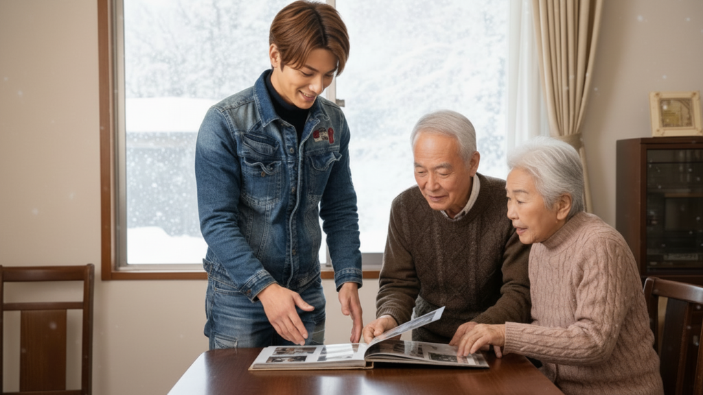 アルバムを見る夫婦。と見守る男性スタッフ