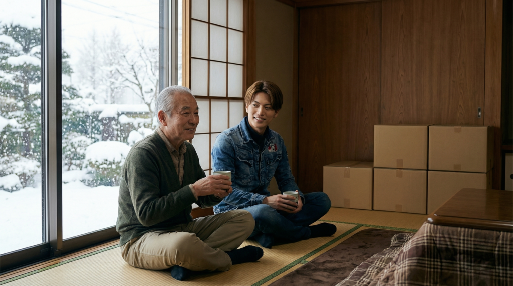 老人と談話する男性