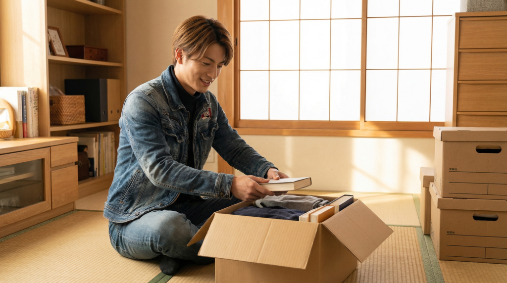 段ボールにしまう男性