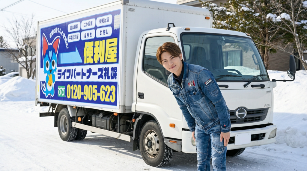 トラックの前で礼をするスタッフ