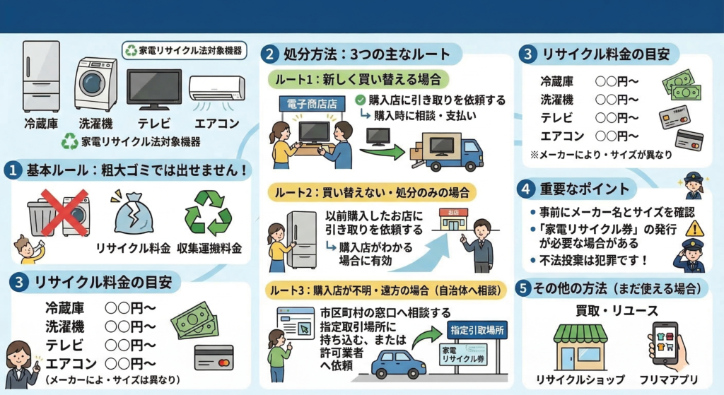 家電リサイクル法とは何か／対象品目（冷蔵庫・洗濯機・テレビ・エアコン）