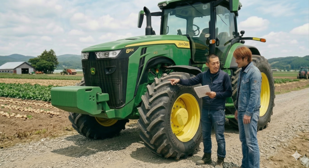 重機の横で会話する男性二人