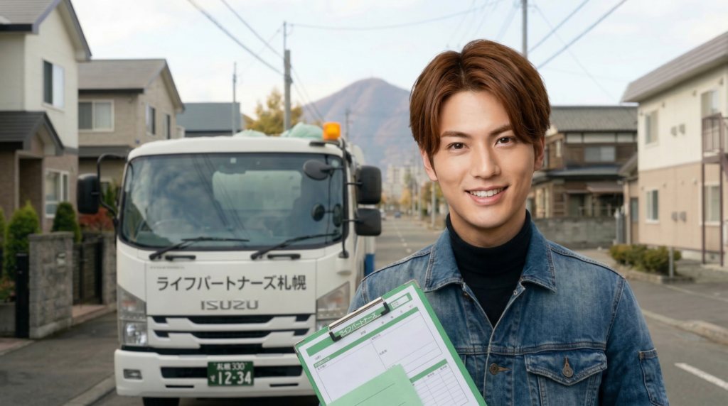 トラックの前で解説する男性スタッフ