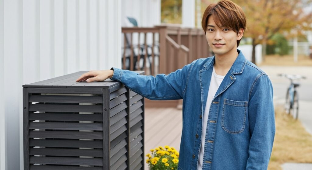 エアコンカバーに手を当てる男性