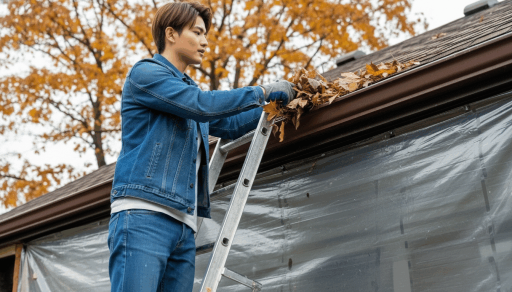 屋根清掃する男性
