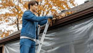 屋根清掃する男性