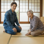 女性と男性が笑顔で座っている