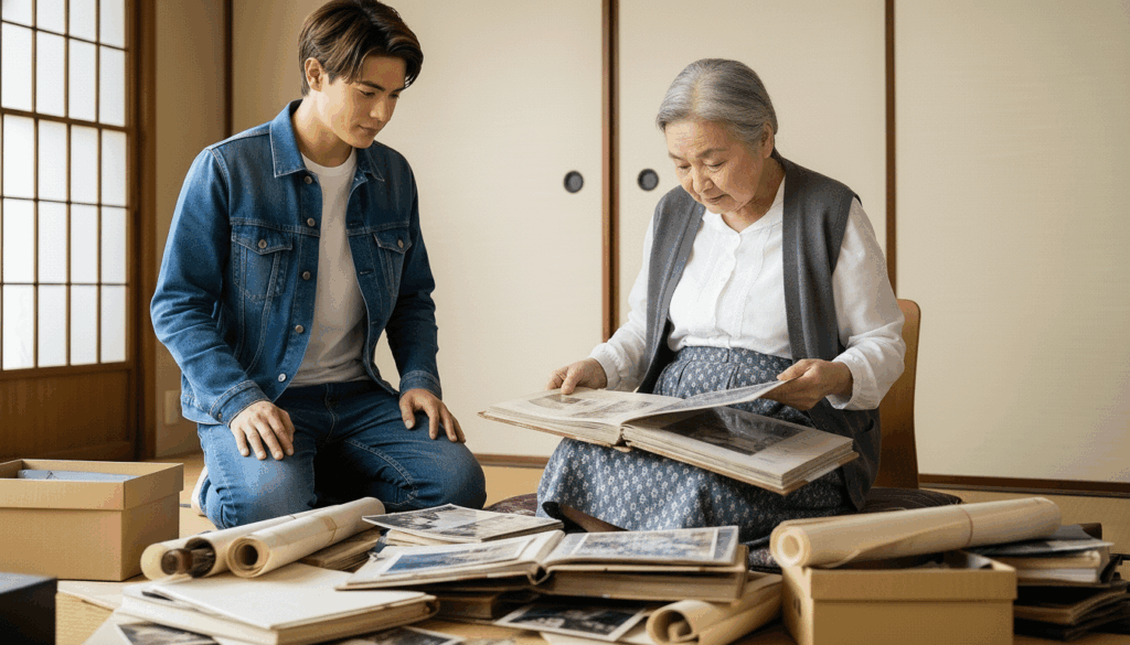 片付けをしながらアルバムを睦める男性と高齢女性