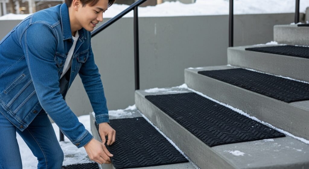階段にマットを敷く男性