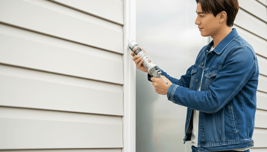 窓のコーキングする男性