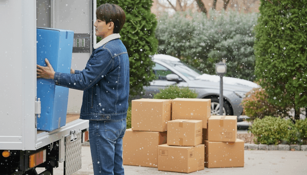 トラックに積み荷する男性