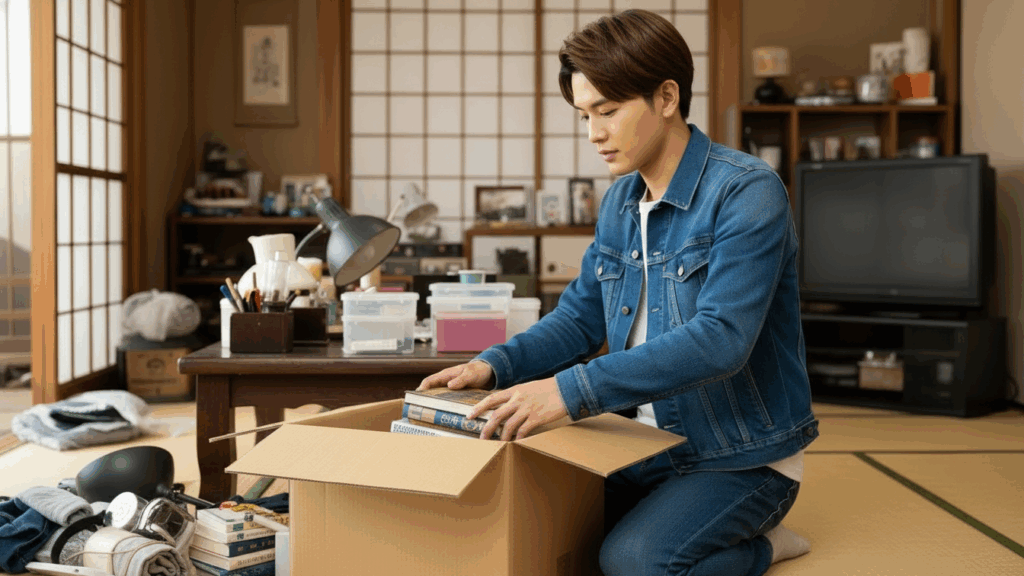 物を段ボールに詰める男性