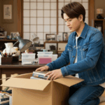 物を段ボールに詰める男性