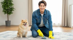 犬と、掃除する男性