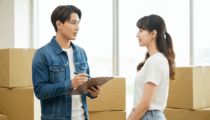 女性に確認する男性スタッフ