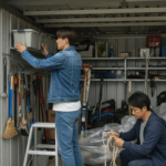 物置の片づけしてる男性