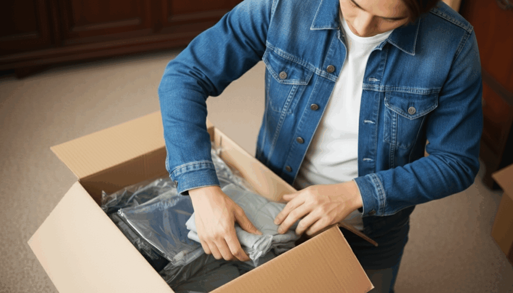 男性が段ボールに衣類を詰めている
