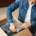 男性が段ボールに衣類を詰めている