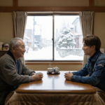 こたつで談話する老人と男性