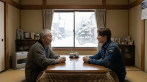 こたつで談話する老人と男性