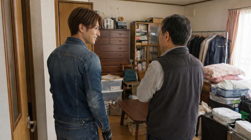 片付け前の部屋を見ながら不用品回収について相談する男性スタッフとお客様