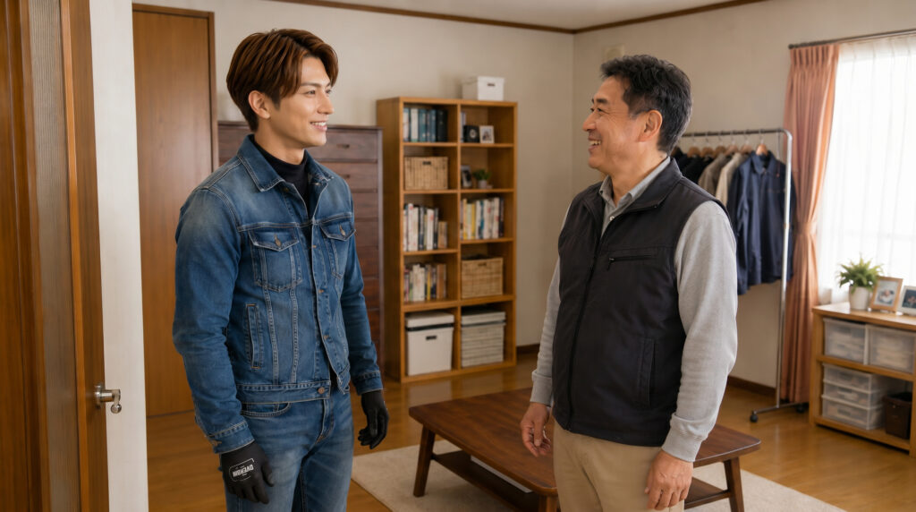 片付け後のすっきりした部屋で笑顔で話す男性スタッフとお客様