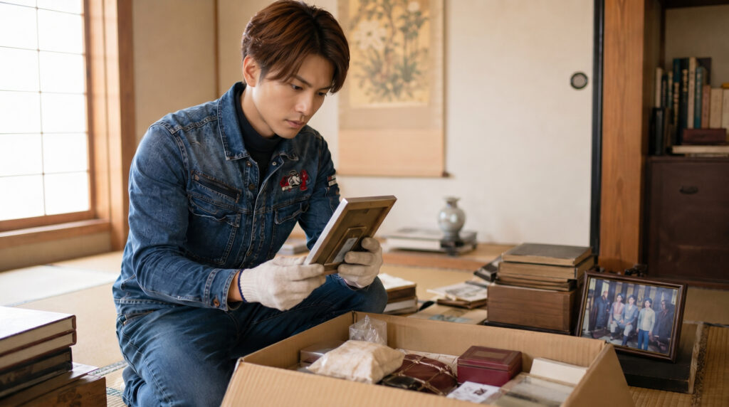 遺品整理で写真や思い出の品を丁寧に確認する男性スタッフ