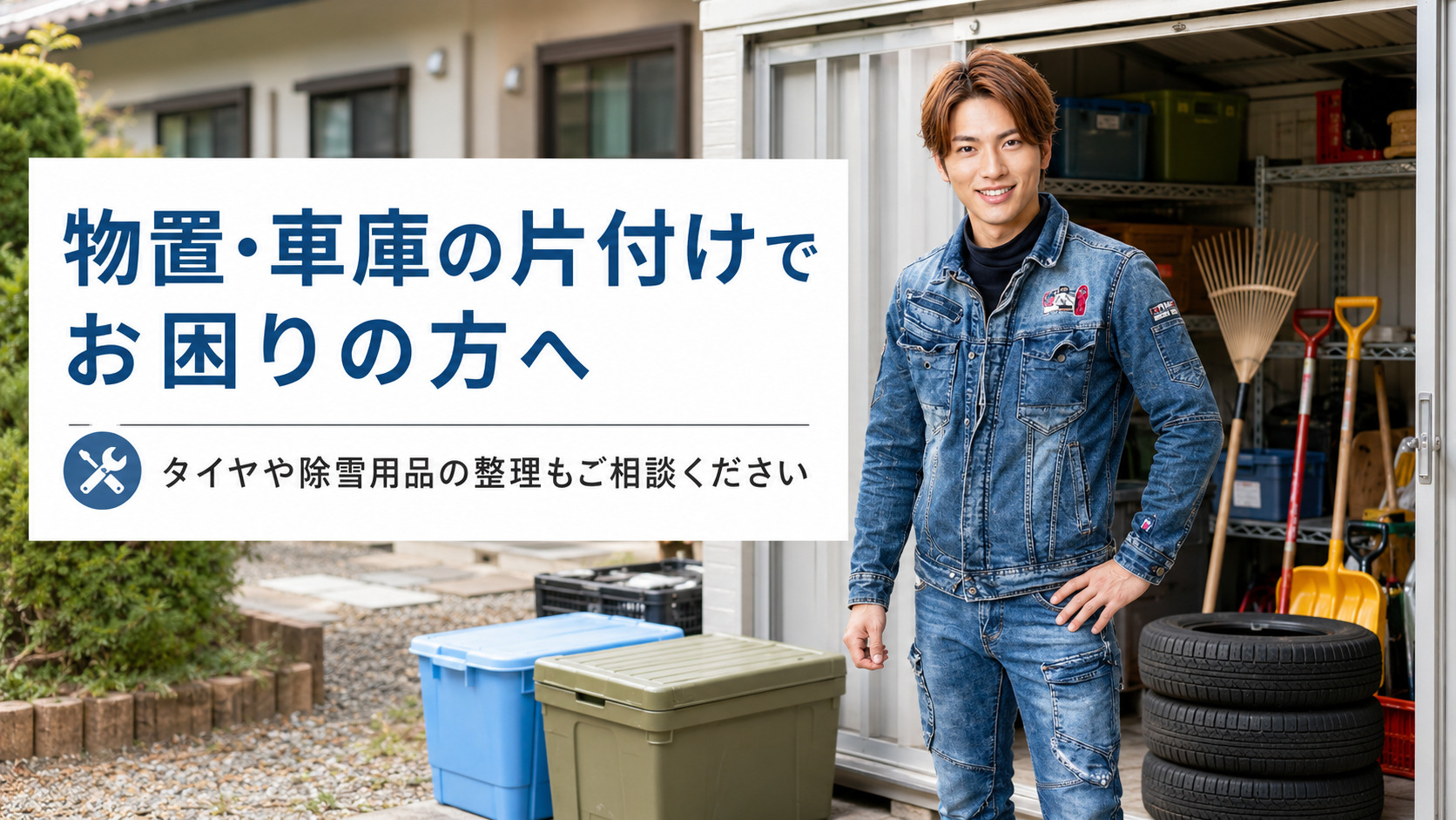 物置・車庫の片付けでお困りの方向けに案内する男性スタッフ