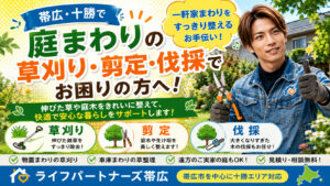 帯広・十勝の庭まわりで草刈り・剪定・伐採を案内する男性スタッフ