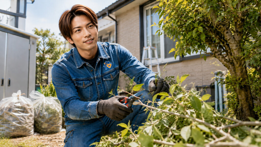 庭木の剪定作業を行い草や枝を回収袋にまとめる男性スタッフ