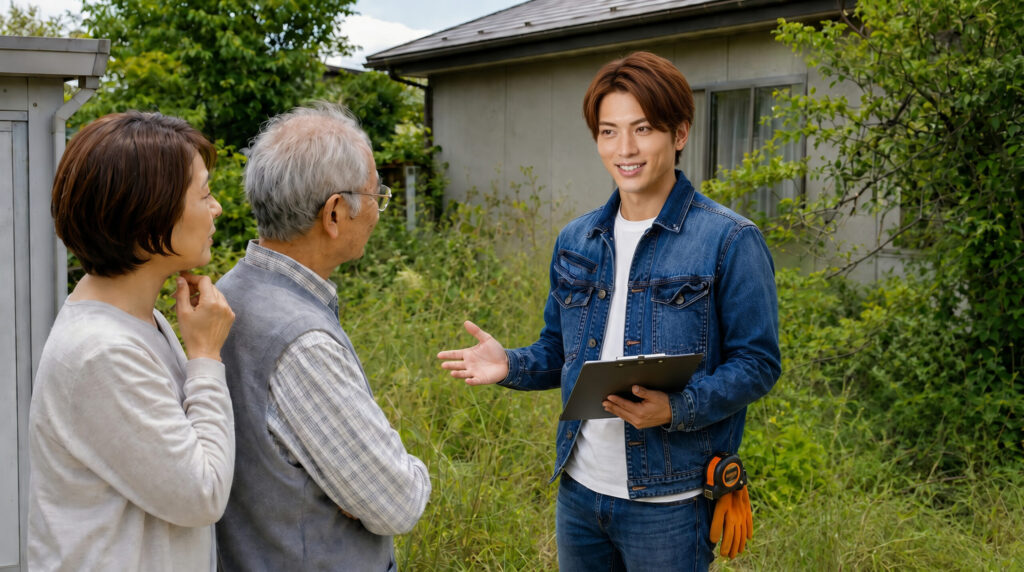 帯広・十勝の実家の庭まわりについて、家族と高齢の親がライフパートナーズ帯広のスタッフに草刈り相談をしている様子