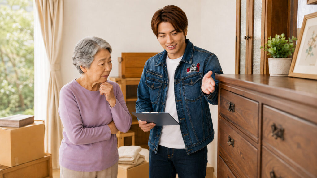 施設入居に向けて、高齢の女性が必要な衣類や荷物を確認しながらライフパートナーズ帯広のスタッフに相談している様子
