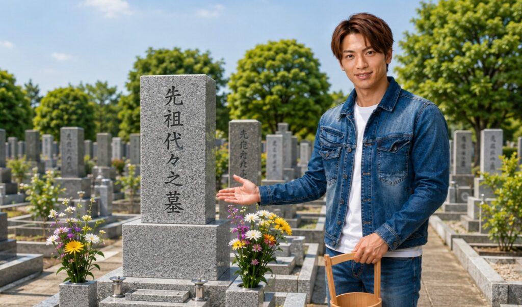 先祖代々之墓の前で、ライフパートナーズ帯広のスタッフがお墓参り代行後の様子を案内している画像