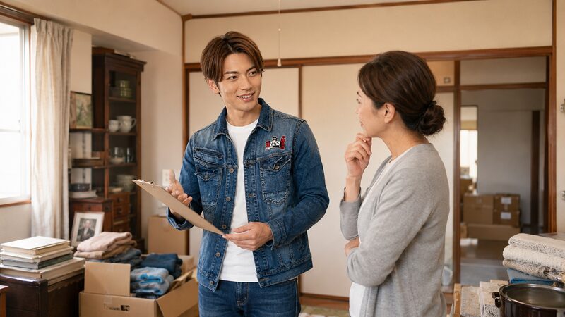 帯広・十勝で空き家になった実家の中の片付けについて、ライフパートナーズ帯広のスタッフが家族に相談対応している様子