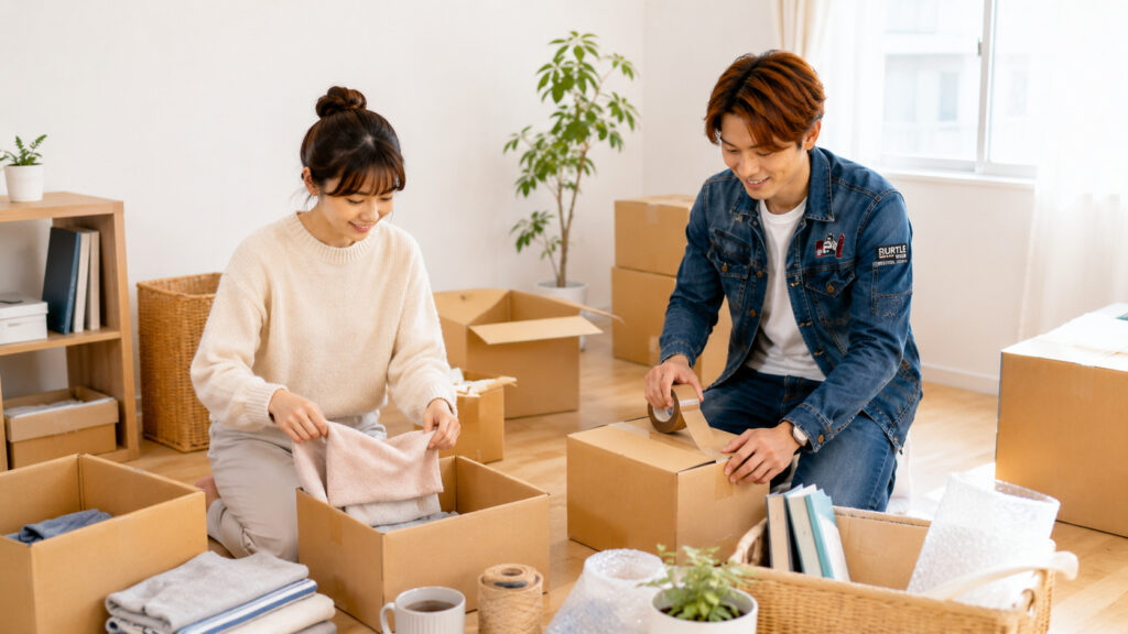 退去や引越し前の室内で、ライフパートナーズ帯広のスタッフと女性が段ボールに衣類や日用品を仕分けしている様子