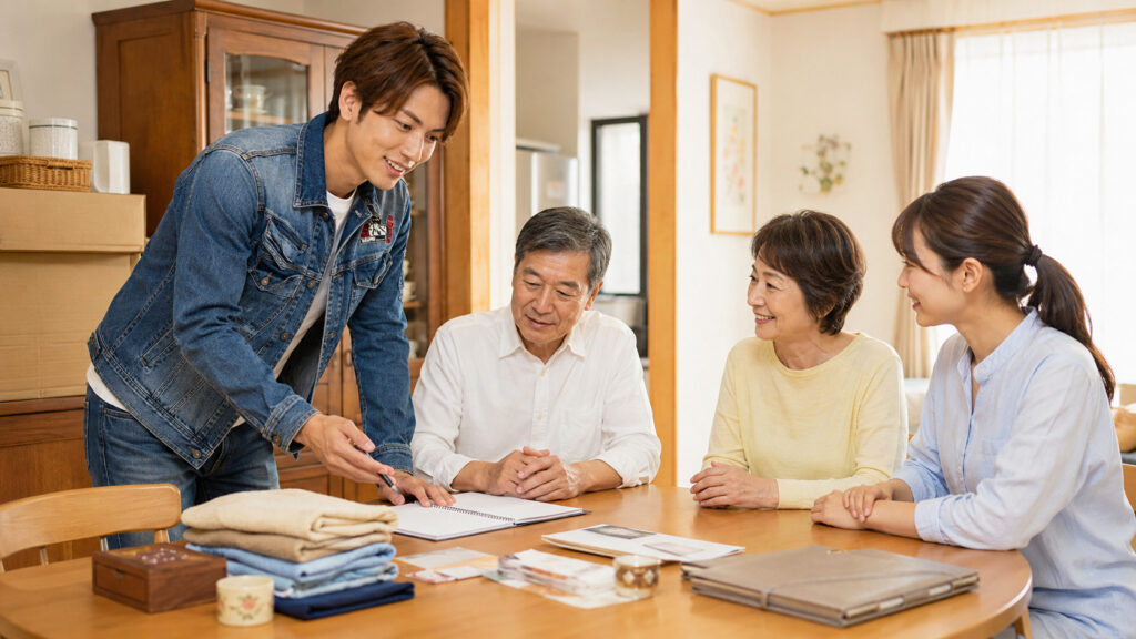 お盆をきっかけに実家の生前整理について家族で穏やかに相談し、無理なく進める大切さを伝える画像