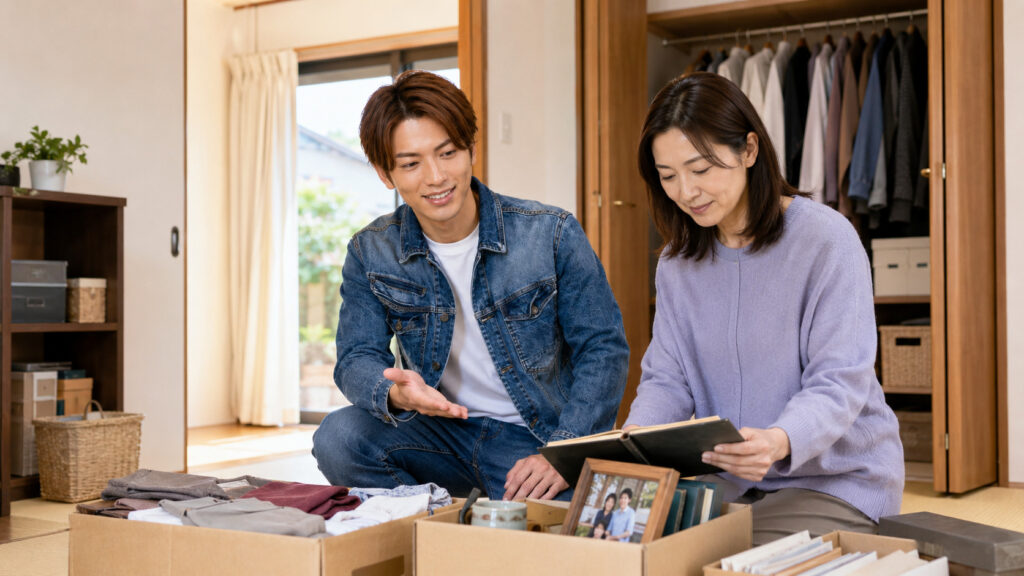 実家の収納前で、ライフパートナーズ帯広のスタッフと家族が衣類や写真、思い出の品を無理なく整理している様子